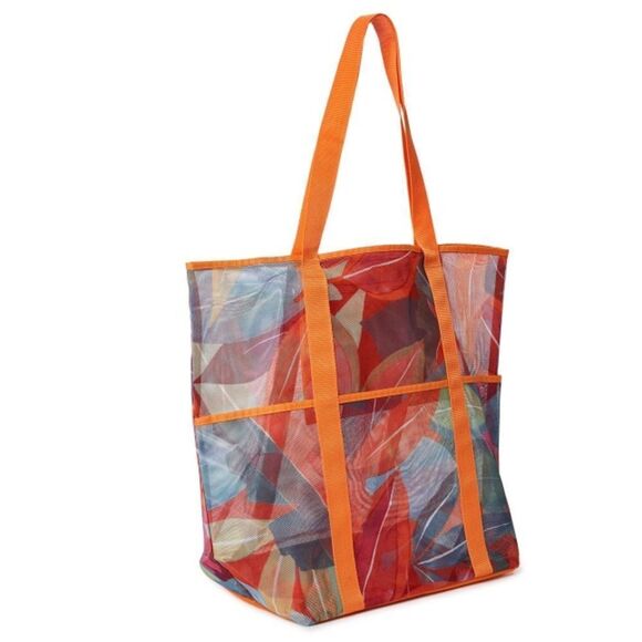 Orange Tropical Printed Mesh Tote Bag - Picture 2 of 5